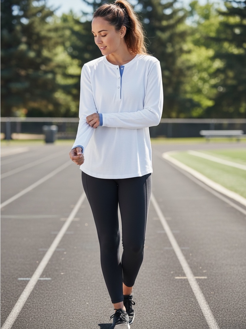 White Long-Sleeve Henley With Blue Trim